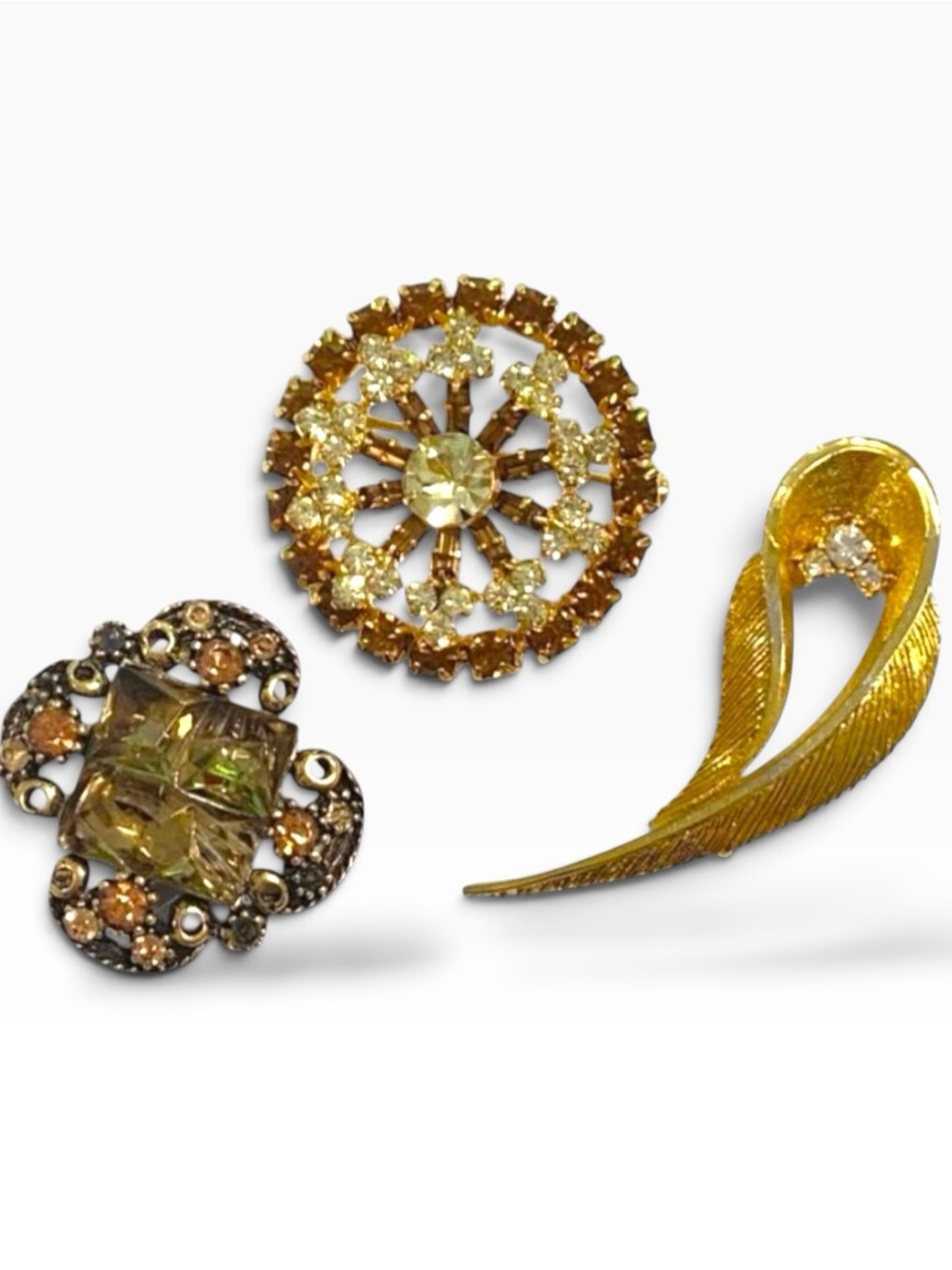 Set Of 3 Vintage Gold & Amber Rhinestone Brooches - Mid-Century Glamour 1950s-19